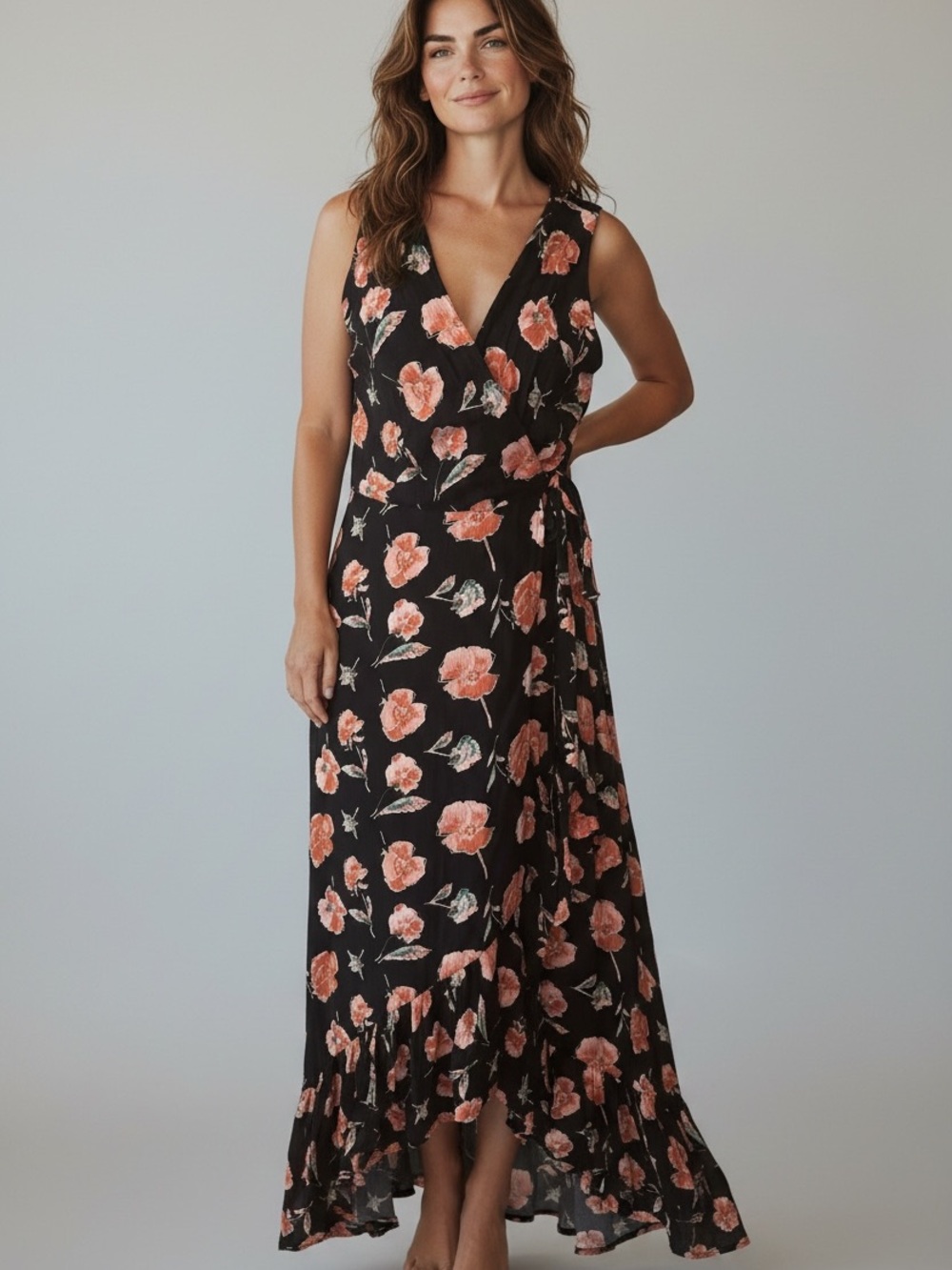 miami Black Maxi Wrap Dress with Coral Floral Print